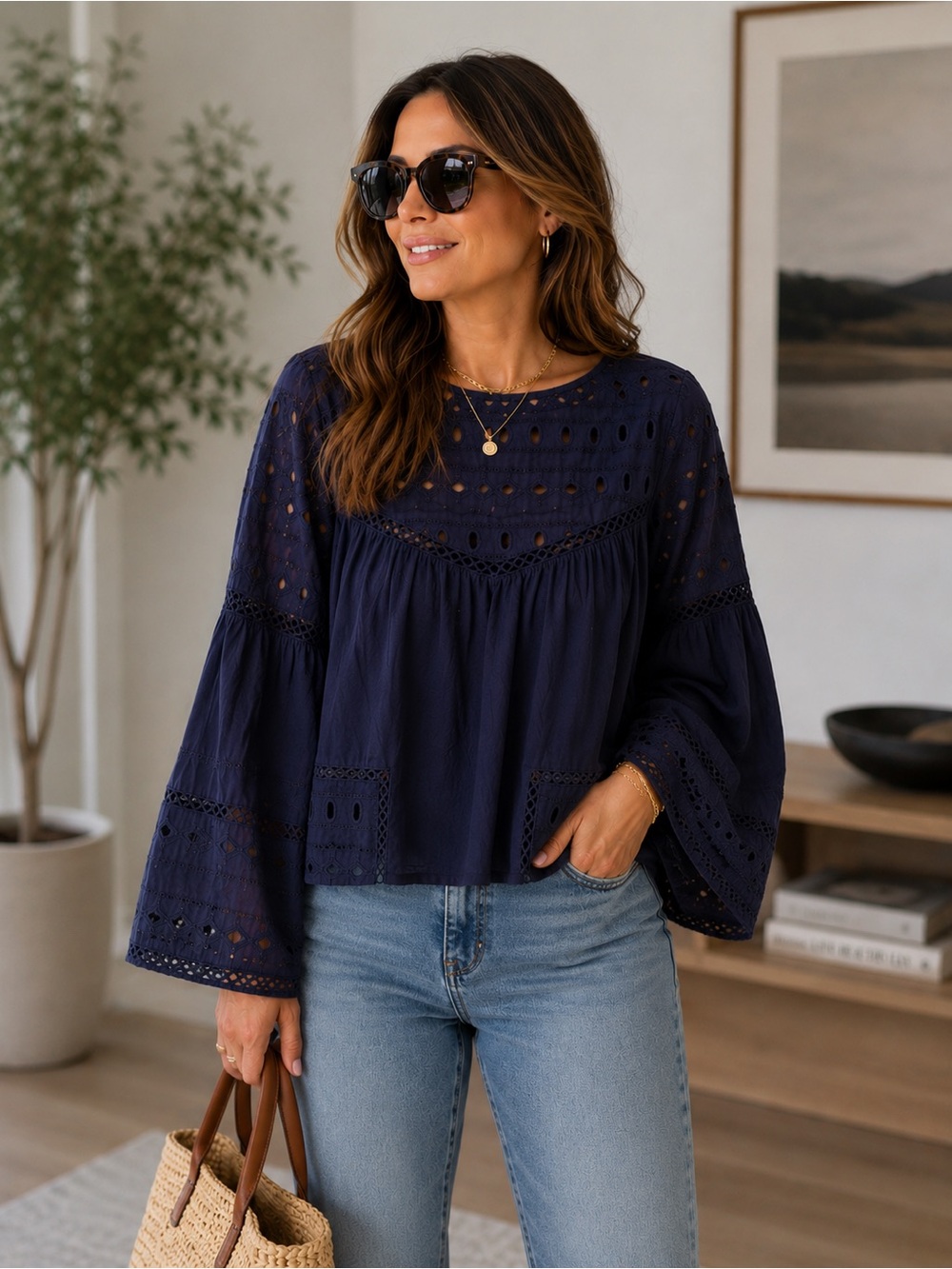 Navy Eyelet Bell-Sleeve Tunic Top